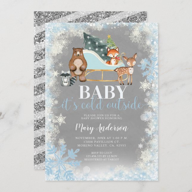 Invitación Winter Blue Silver Snowflakes Woodland Baby Ducha (Anverso / Reverso)