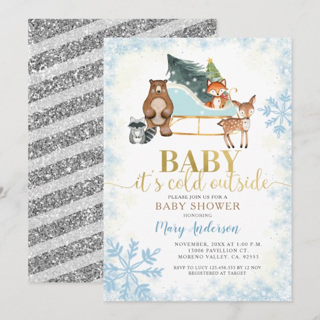 Invitación Winter Blue Snowflakes Woodland Baby Ducha (Anverso / Reverso)