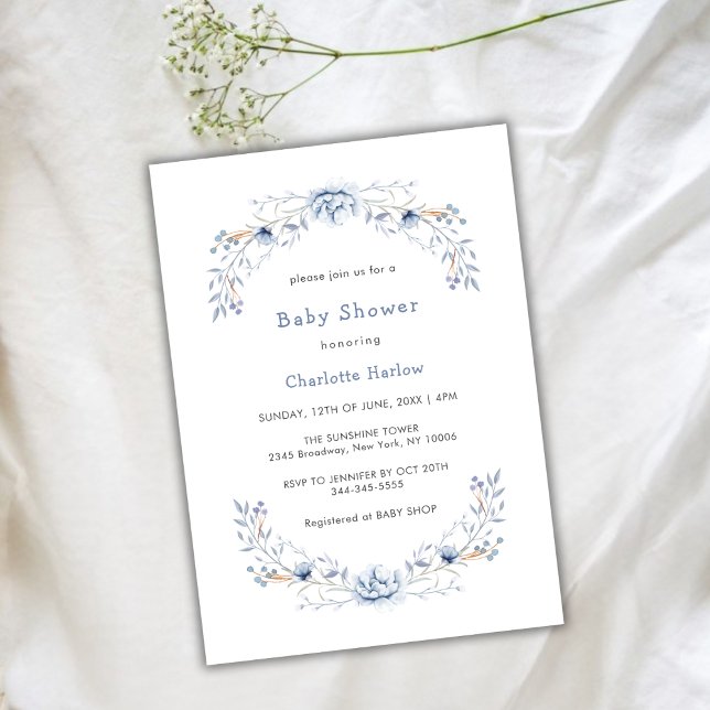 Invitación Winter Blue Wildflower Floral Wreath Baby Shower (Winter Blue Wildflower Floral Wreath Baby Shower Invitation)
