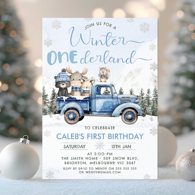 Invitación Winter Blue Woodland Truck Onederland 1st Birthday (Winter Onederland Birthday Invitation, Winter Onederland - 1st Birthday Invitation Template, Truck)