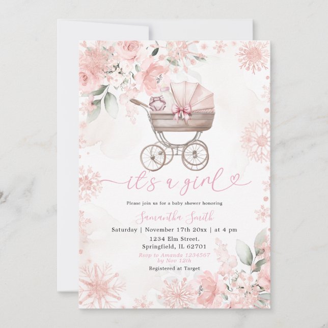 Invitación Winter Blush Floral Baby Carriage Baby Shower (Anverso)
