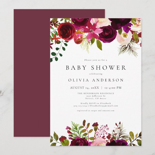 Invitación Winter Bohemian Burgundy Floral Baby Shower (Anverso / Reverso)