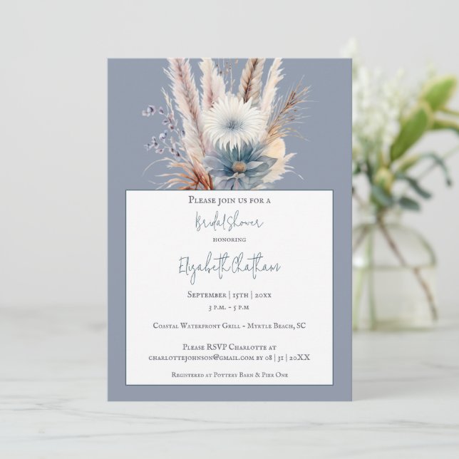 Invitación Winter Boho Floral Bridal Shower | Azul (Anverso de pie)