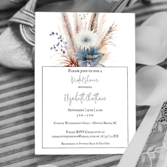 Invitación Winter Boho Floral Bridal Shower | Blanca (White Winter Boho Floral Bridal Shower Invitation)