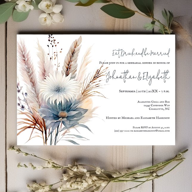 Invitación Winter Boho Floral | Cena de ensayo blanco (White Winter Boho Floral Wedding Rehearsal Dinner Invitation)