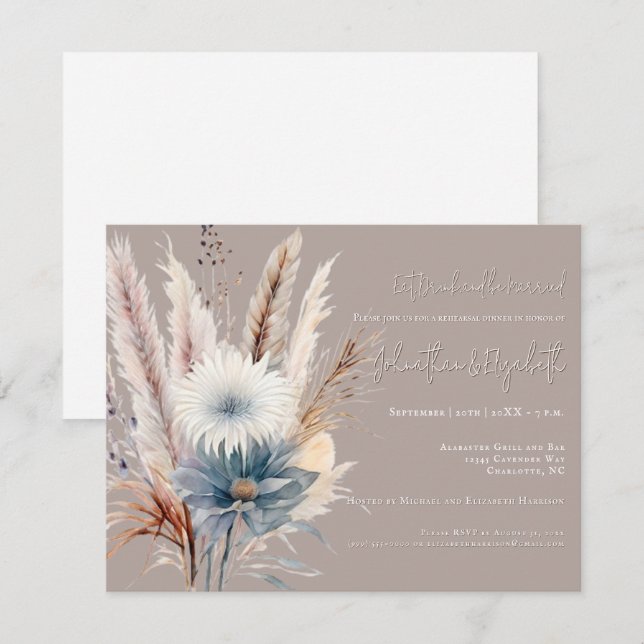 Invitación Winter Boho Floral | Cena de ensayo de Beige (Anverso / Reverso)