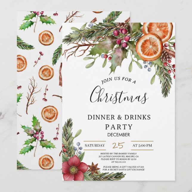 Invitación Winter Botanical Christmas Invite | Rustic Dinner  (Anverso / Reverso)
