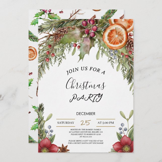 Invitación Winter Botanical Christmas Invite | Rustic Dinner  (Anverso / Reverso)