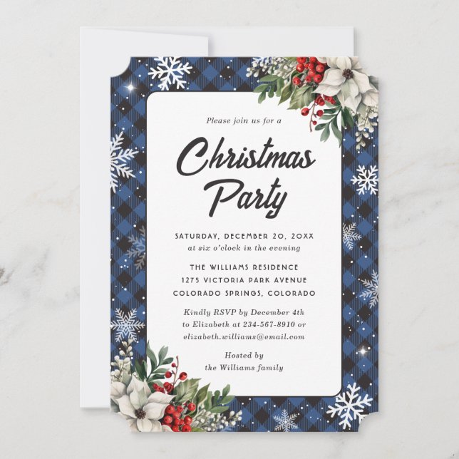 Invitación Winter Botanicals Blue Plaid Christmas Party (Anverso)