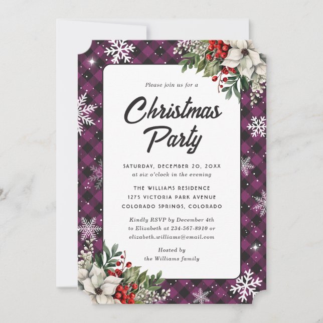 Invitación Winter Botanicals Purple Plaid Christmas Party (Anverso)