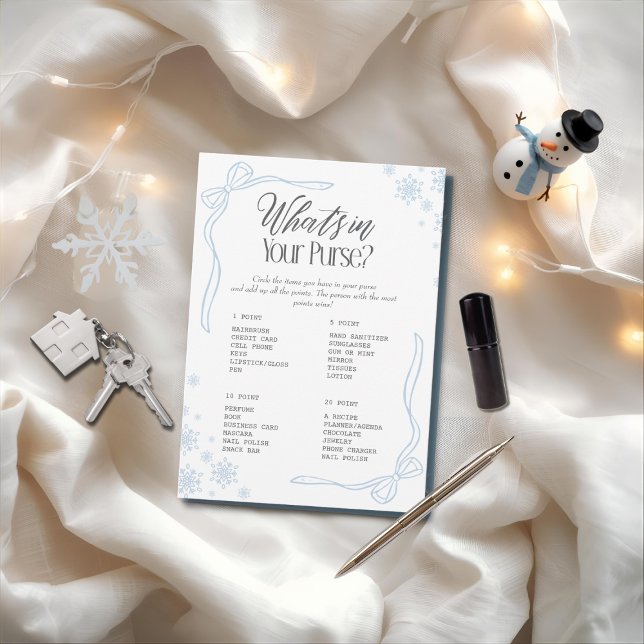 Invitación Winter Bow Blue ¿Qué hay en tu bolso? Juego (Winter Bow Blue What's In your Purse? Game)