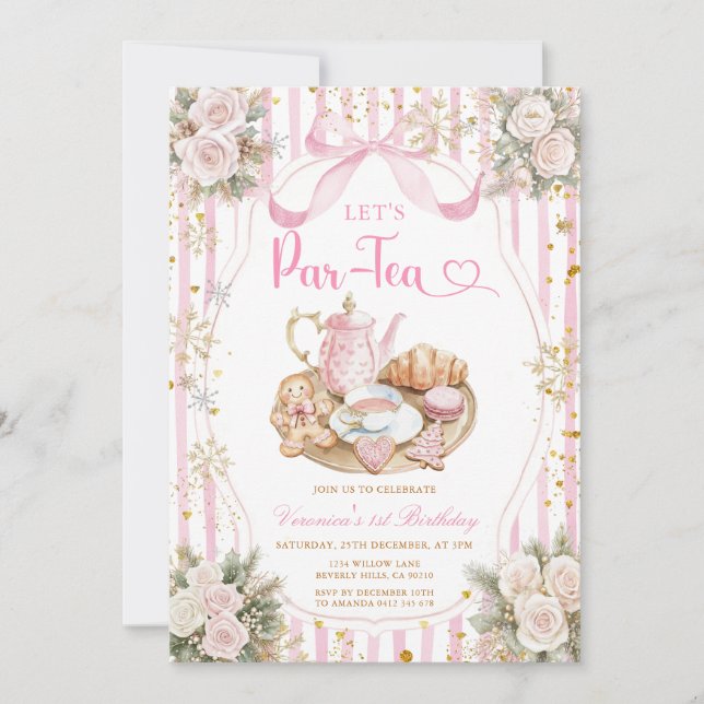 Invitación Winter Bow Let’s Par-tea Girl Birthday Snowflakes (Anverso)