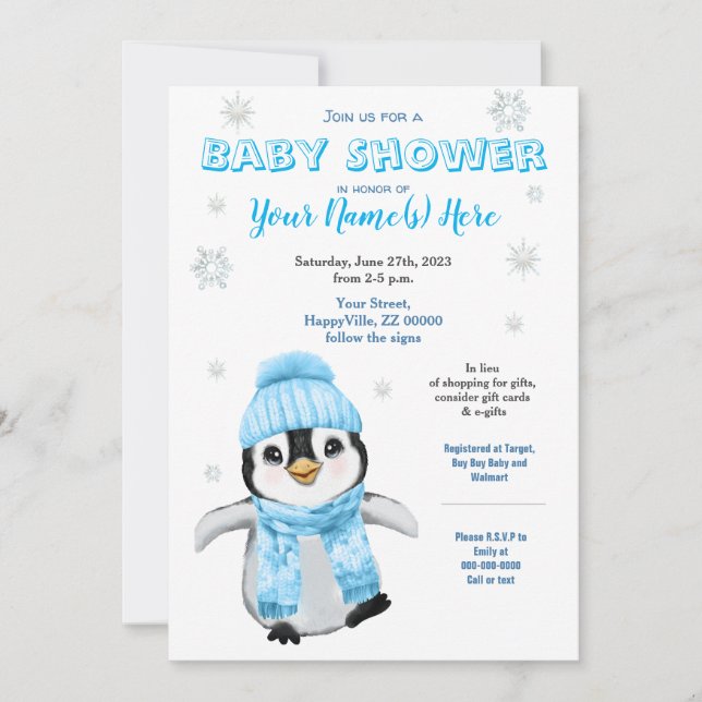 Invitación Winter Boy Penguin Baby Shower BlueInvitation (Anverso)