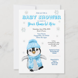 Invitación Winter Boy Penguin Baby Shower BlueInvitation