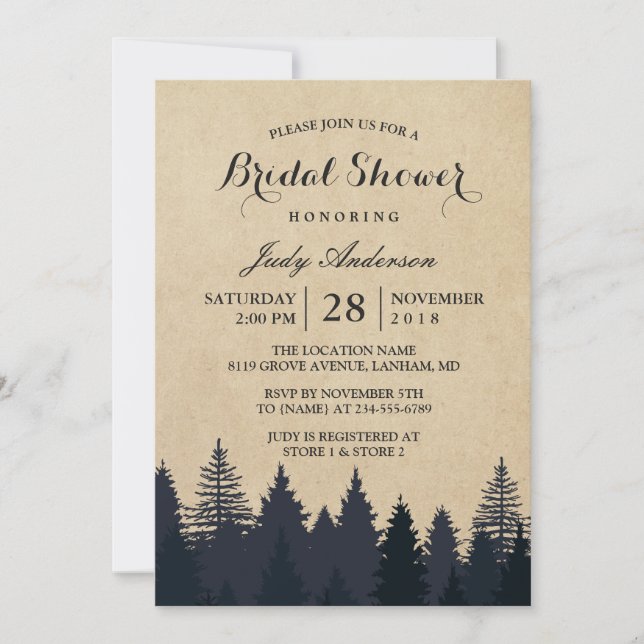 Invitación Winter Bridal Shower | Árboles Kraft Pine Rústicos (Anverso)