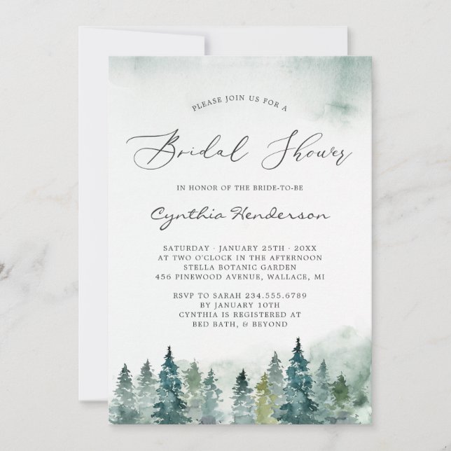 Invitación Winter Bridal Shower Elegant Forest Pine Trees (Anverso)