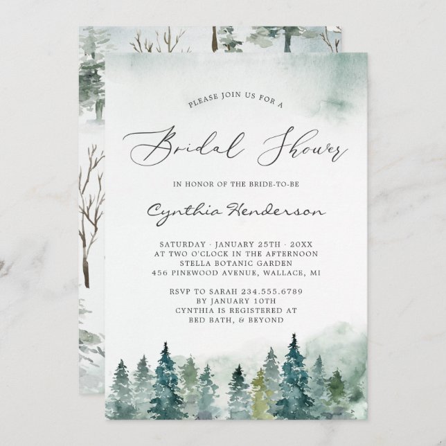 Invitación Winter Bridal Shower Elegant Forest Pine Trees (Anverso / Reverso)