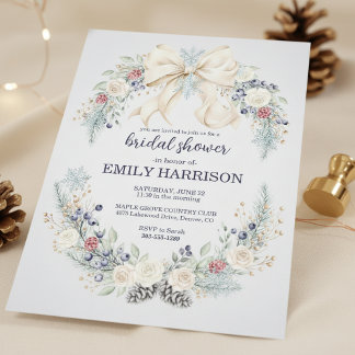 Invitación Winter Bridal Shower Invitation Cream Bow Floral