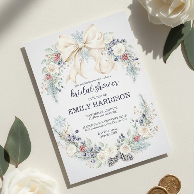 Invitación Winter Bridal Shower Invitation Cream Bow Floral (blush blue winter flowers)