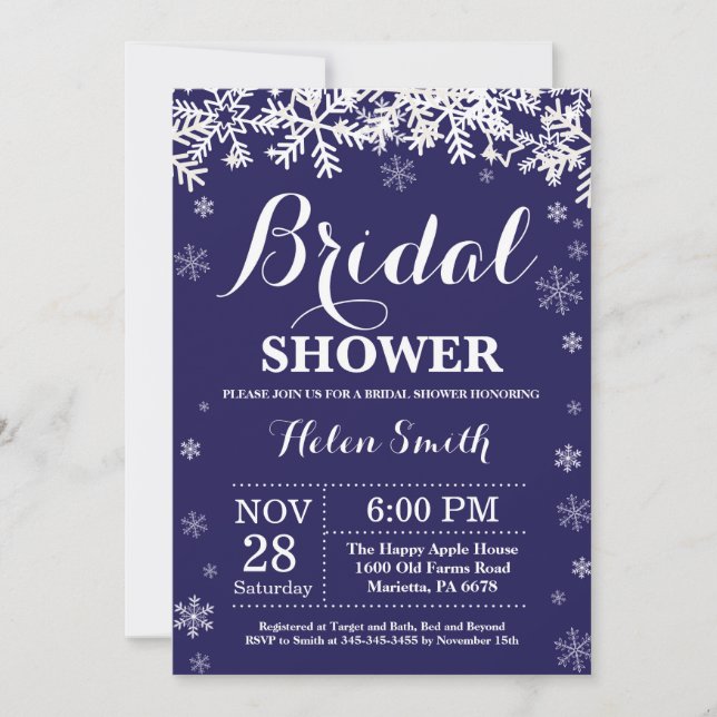 Invitación Winter Bridal Shower Snowflake Naval Azul (Anverso)