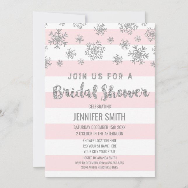 Invitación Winter Bridal Shower Stripes rosados Plata Snowfla (Anverso)
