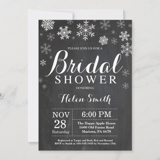 Invitación Winter Bridal Shower White Snowflake Chalkboard (Anverso)