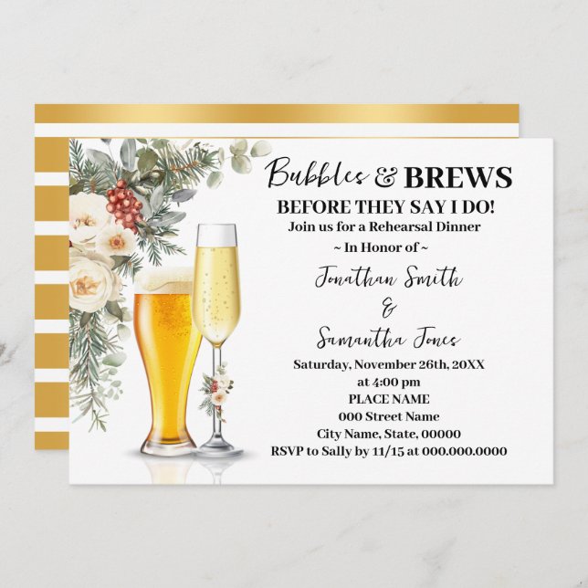 Invitación Winter Bubbles & Brews Rehearsal Dinner (Anverso / Reverso)