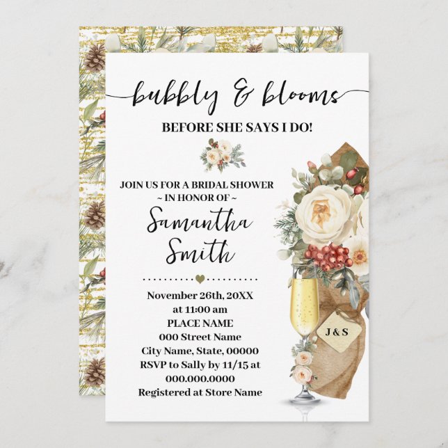 Invitación Winter Bubbly & Blooms Before I do Bridal Shower (Anverso / Reverso)