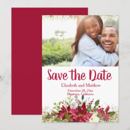 Invitación Winter Burgundy Poinsettia Purpurina salva la fech