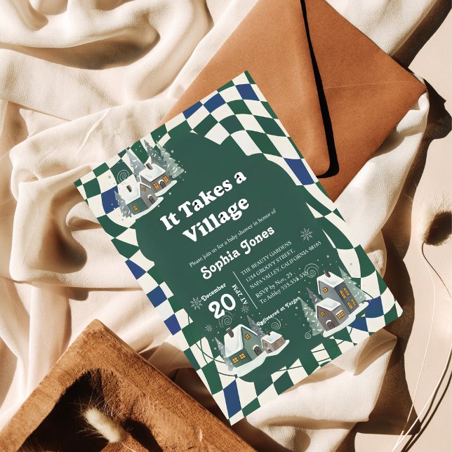 Invitación Winter Checkered "It Takes a Village" baby shower (Subido por el creador)