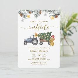 Invitación Winter Christmas Tree Tractor Bear Baby Shower