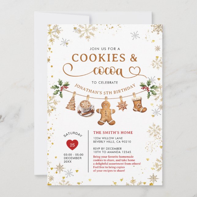 Invitación Winter Cookies & Cocoa Birthday Gold Snowflakes (Anverso)