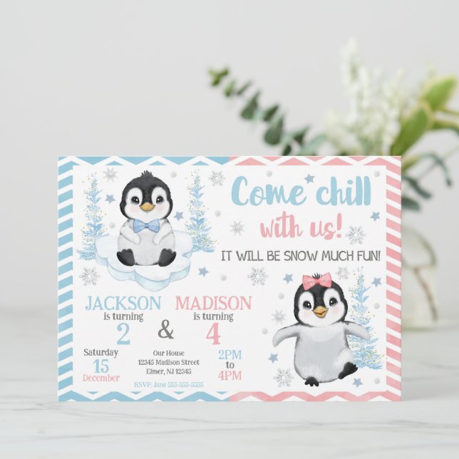Invitación Winter Cute Penguins Joint Birthday (Anverso de pie)