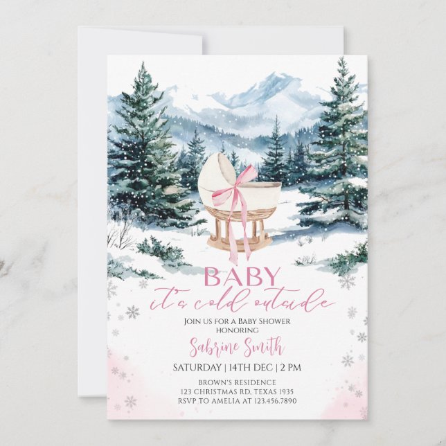 Invitación Winter Cute Pink Bow Cradle Baby Shower (Anverso)