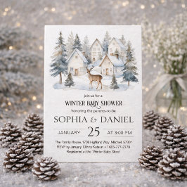 Invitación Winter Deer in Village Watercolor Baby Shower