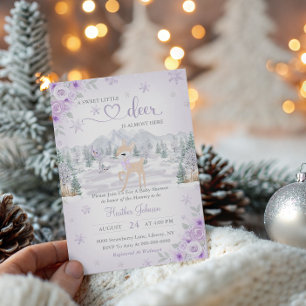 Invitación Winter Deer Purple Snowflake Baby Shower