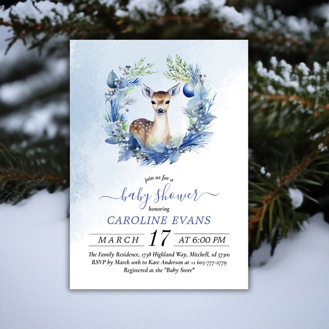 Invitación Winter Deer Watercolor Baby Shower (Winter Deer Watercolor Baby Shower Invitation)