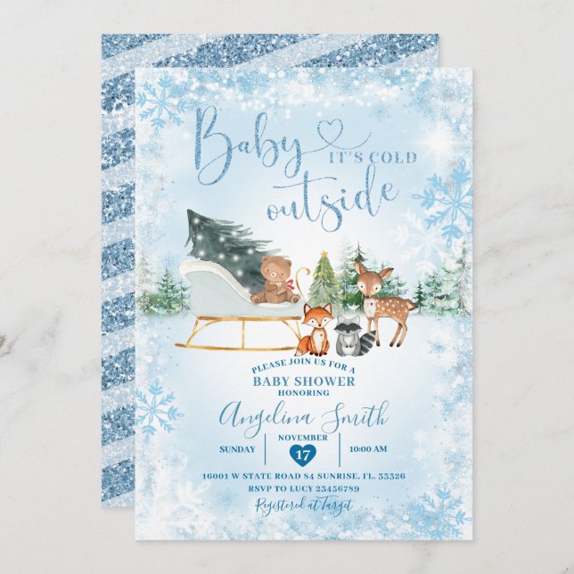 Invitación Winter Dreamy Blue Snowflake Sleigh Baby Shower (Anverso / Reverso)