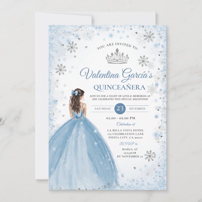 Invitación Winter Dusty Blue Quinceañera 15 Anos Snowflakes (Anverso)