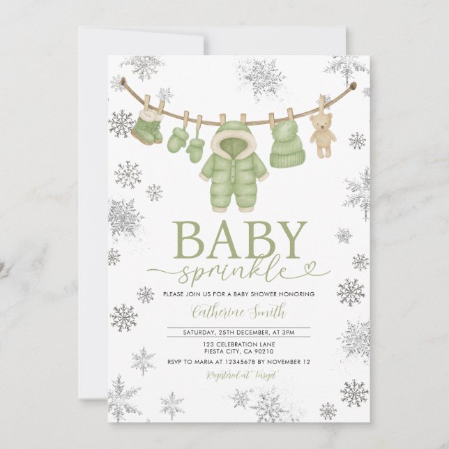 Invitación Winter Dusty Green Sprinkle Snowflakes Baby Shower (Anverso)