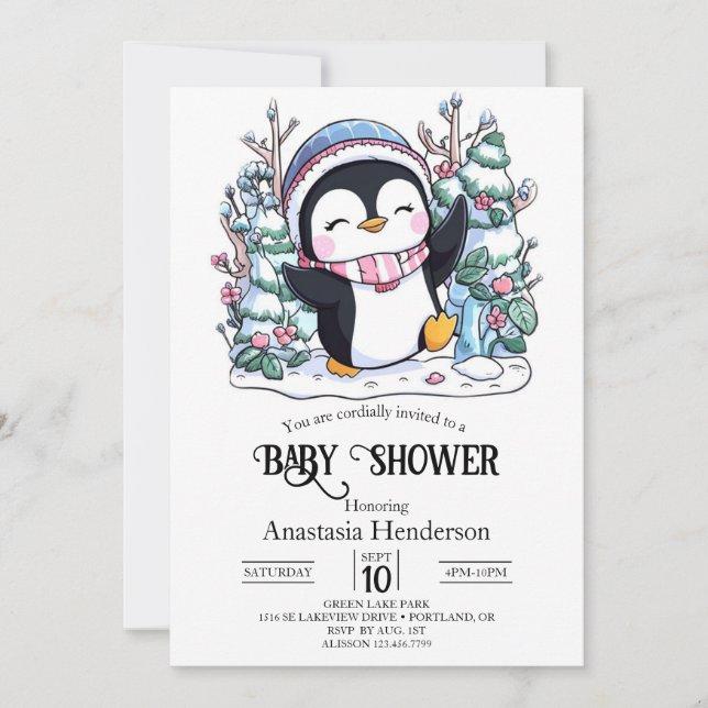 Invitación Winter Elegant Penguin Baby Shower (Anverso)