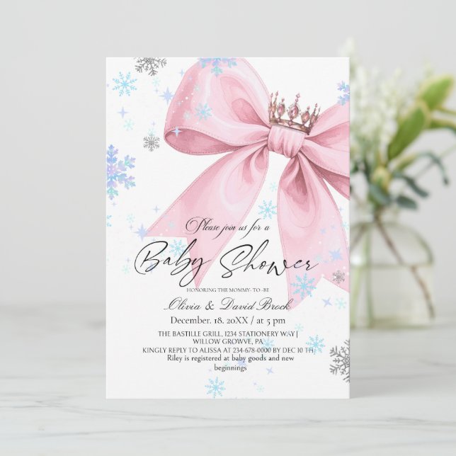 Invitación Winter Elegant Pink Bow Baby Shower (Anverso de pie)