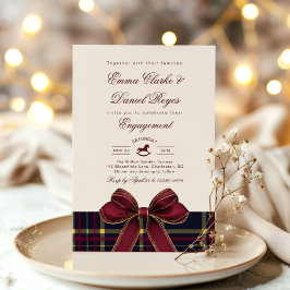 Invitación Winter Engagement party Christmas Plaid Red Bow