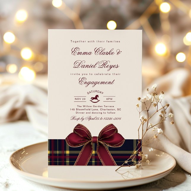 Invitación Winter Engagement party Christmas Plaid Red Bow (Subido por el creador)