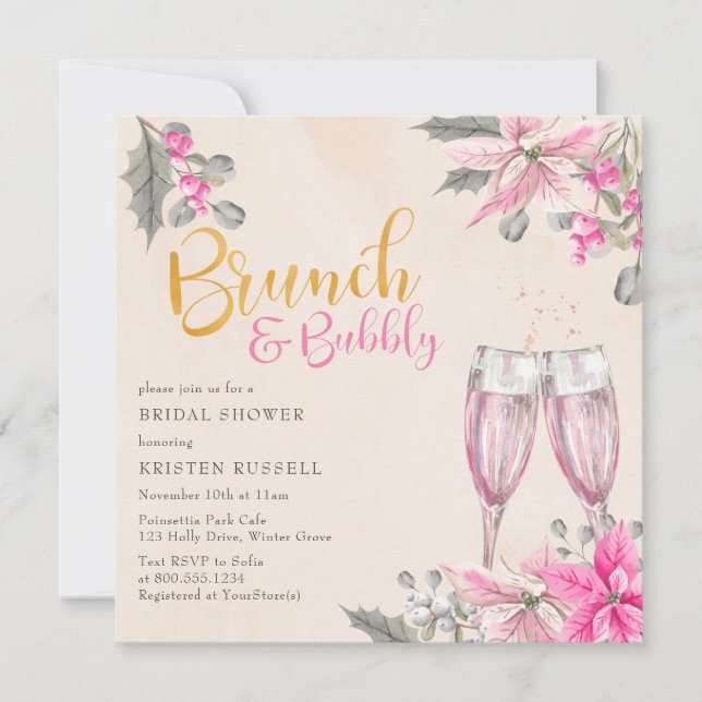 Invitación Winter Floral Brunch Rosa Bubbly Bridal Shower (Anverso)