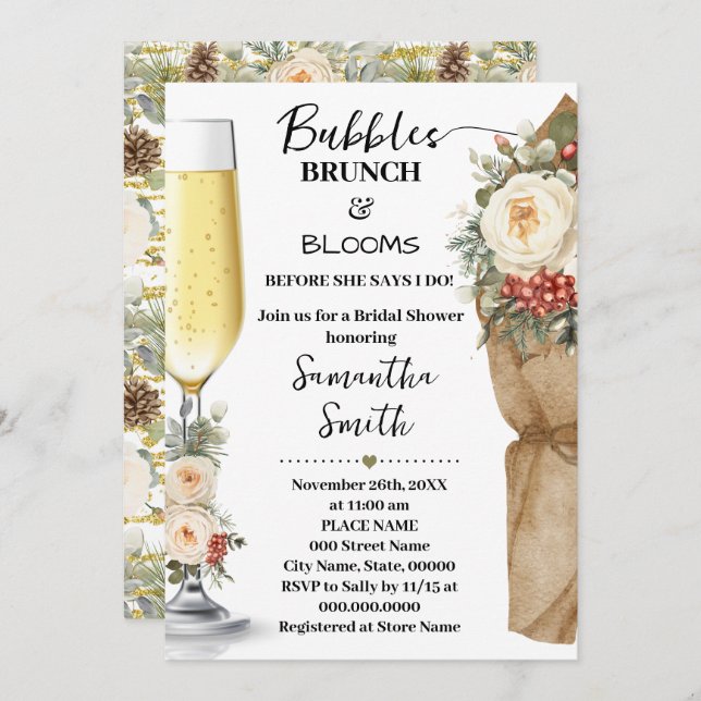 Invitación Winter Floral Bubbles Brunch & Bloom Bridal Shower (Anverso / Reverso)