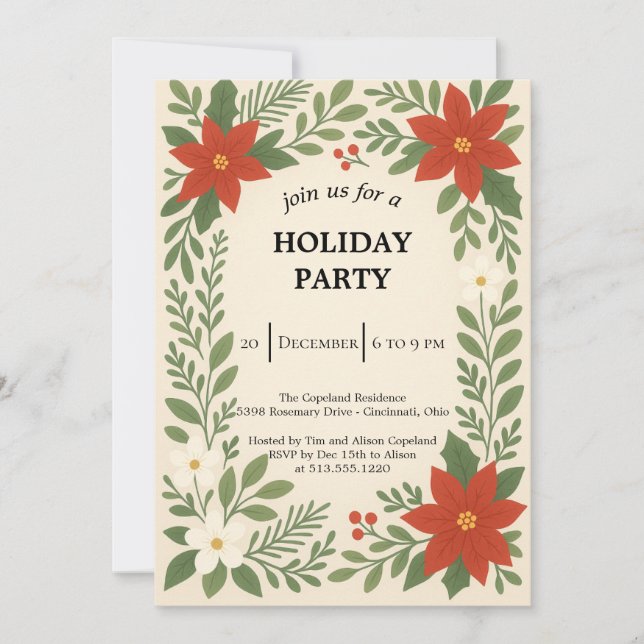 Invitación winter floral christmas party (Anverso)