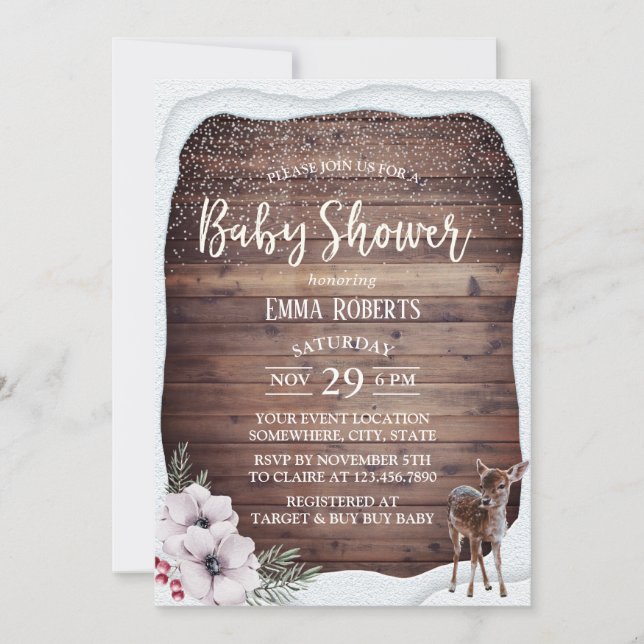 Invitación Winter Floral Cute Deer Baby Shower (Anverso)