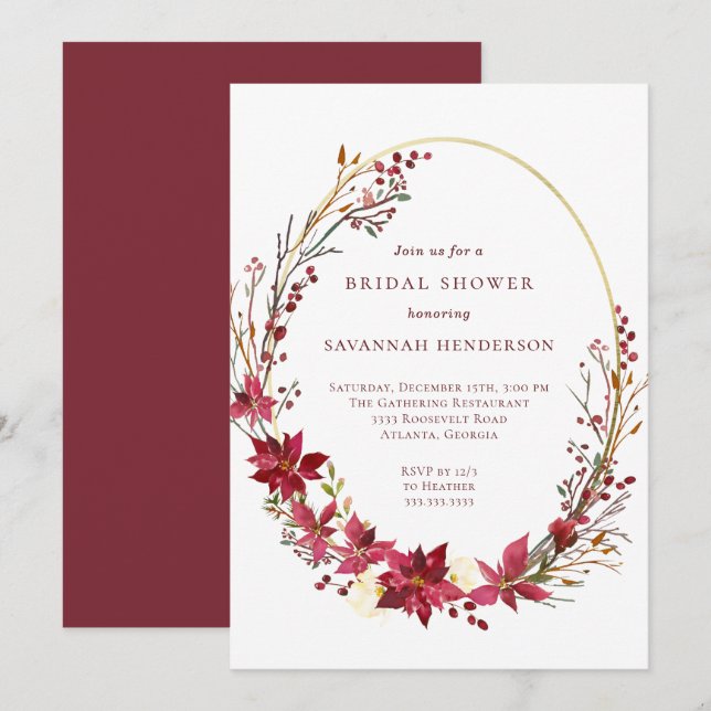Invitación Winter Floral Red Gold Bridal Shower (Anverso / Reverso)