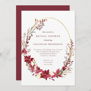 Invitación Winter Floral Red Gold Bridal Shower
